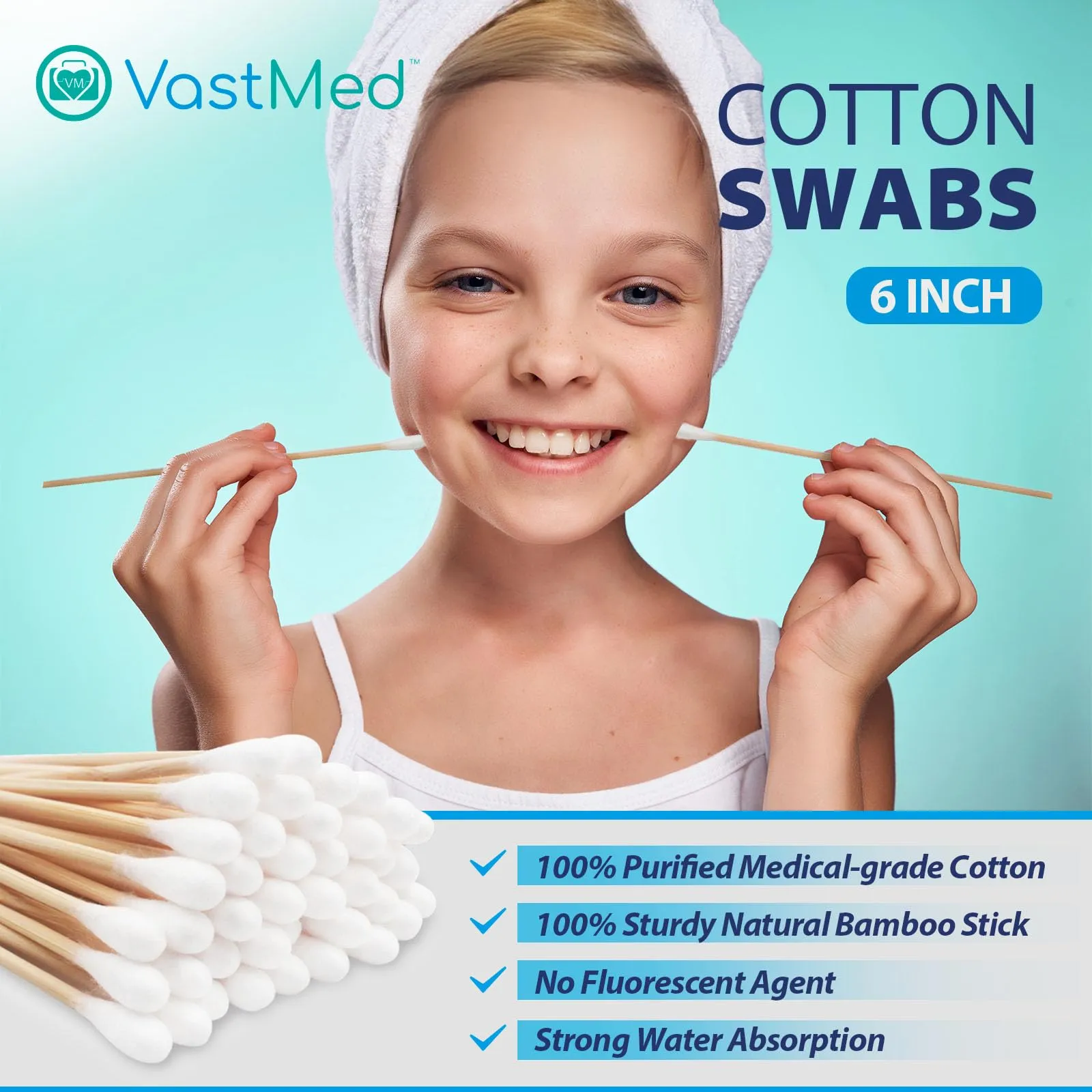 1000PCs 6" Inch Long Cotton Swabs with Bamboo Wooden Handles Cotton Tipped Applicator by VASTMED | Ideal for Application of Medication, Cleaning Skin, Arts and Crafts Remover Tool