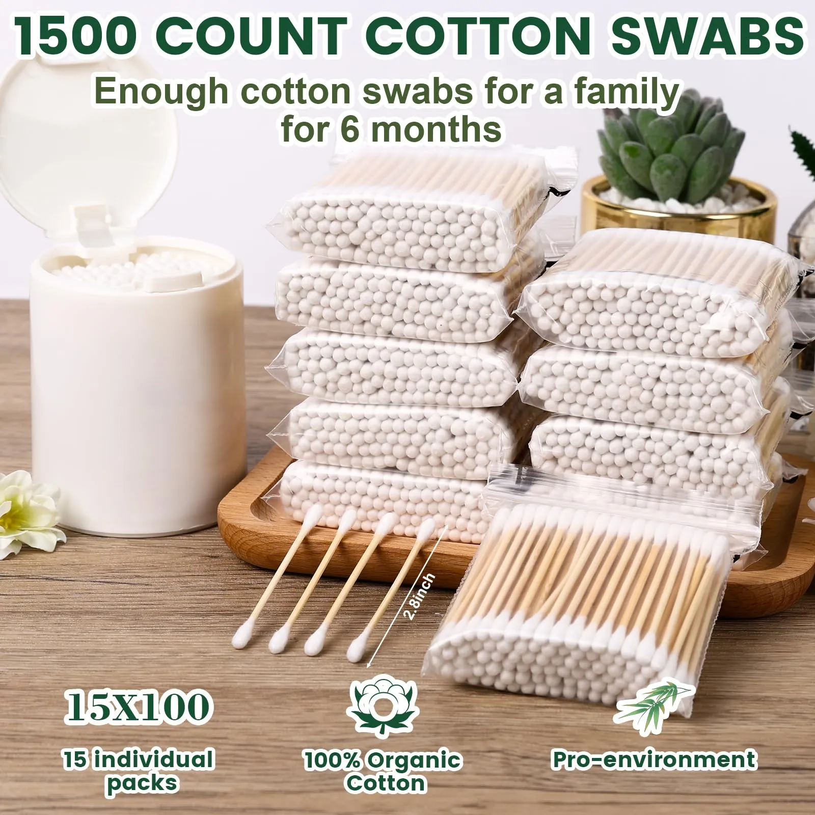 1500 Count Bamboo Cotton Swabs with 1 Plastic Jar Containers,Double Round Cotton Buds Suitable for Makeup and Cleaning,Cotton Swabs for Ears,Biodegradable   Organic Cotton & Bamboo(15 Pack of 100)