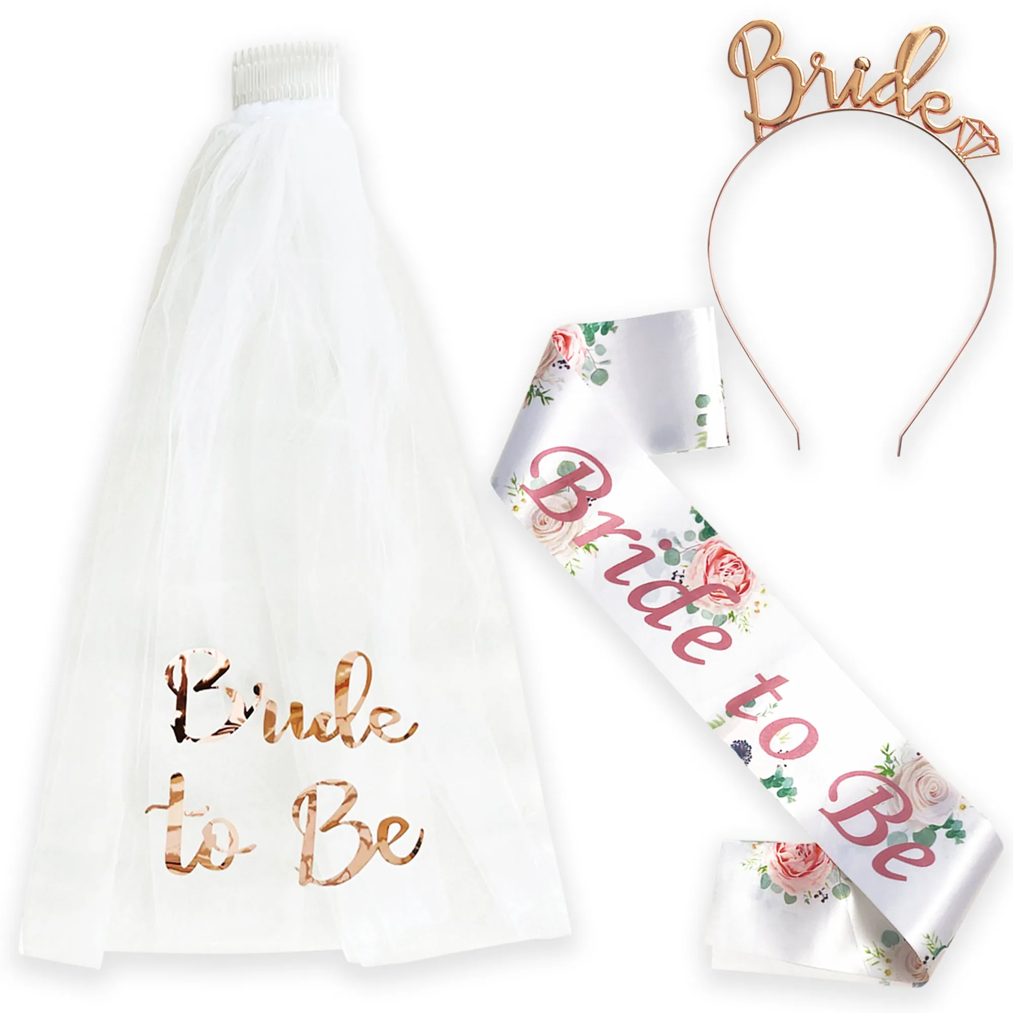 Bride to Be Veil, Tiara and Floral Sash Set Rose Gold