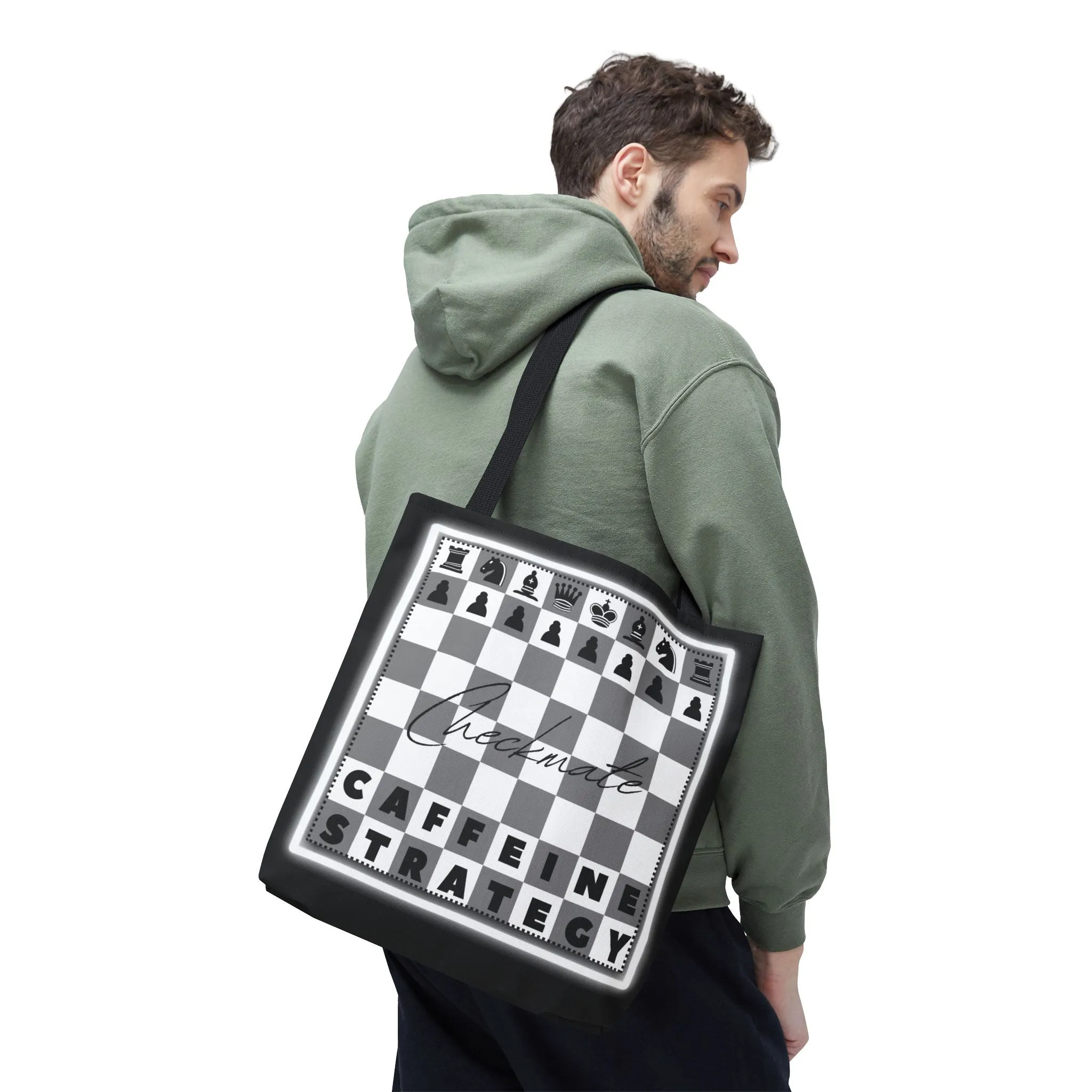 Chess Lover Black Tote Bag - Checkmate Coffee Strategy Gift, Stylish Chessboard Tote for Players, Unique Chess Accessories for Work & Travel