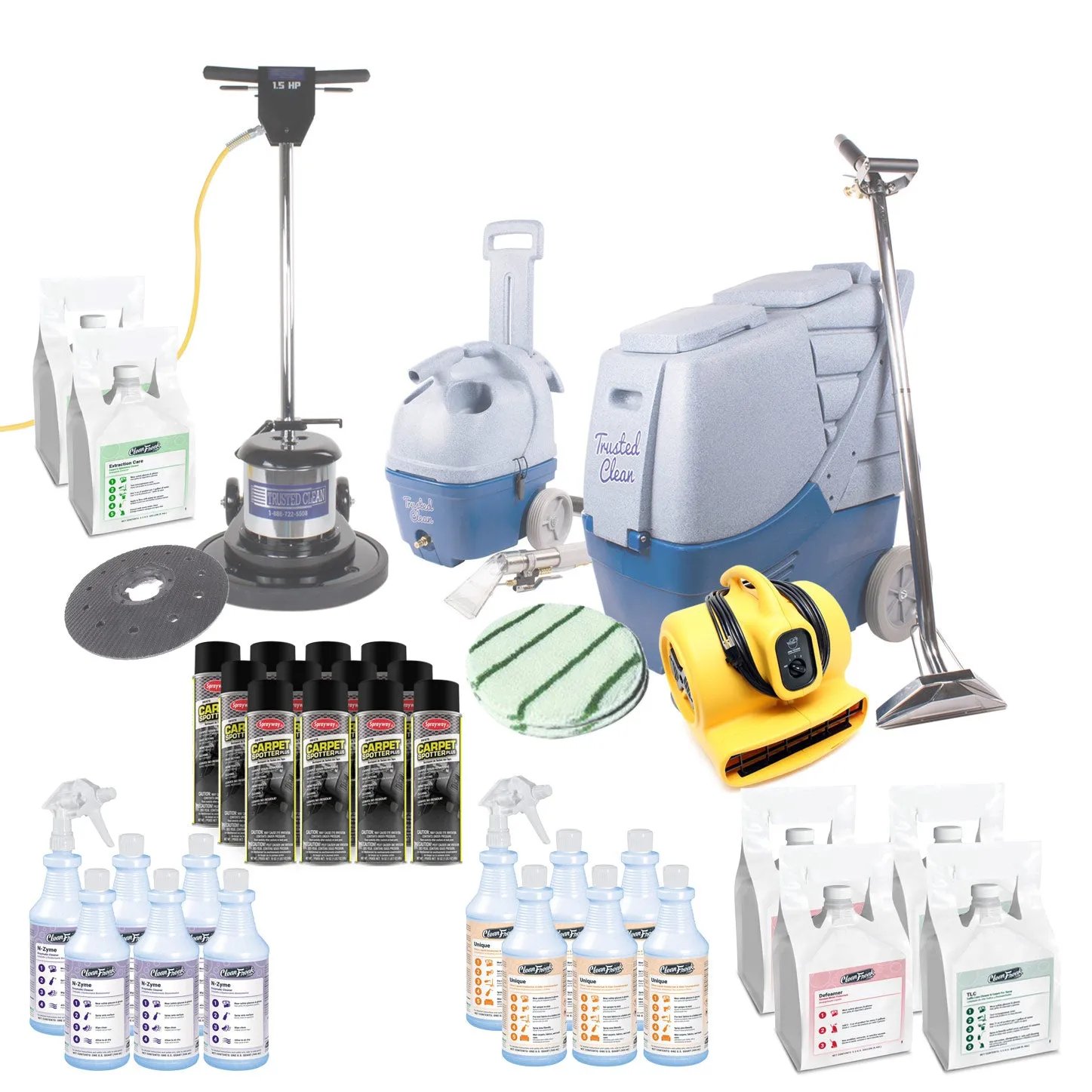 Trusted Clean 'Maximum' Contractor Carpet Cleaning Package w/ Extractor, Floor Buffer & Spotter