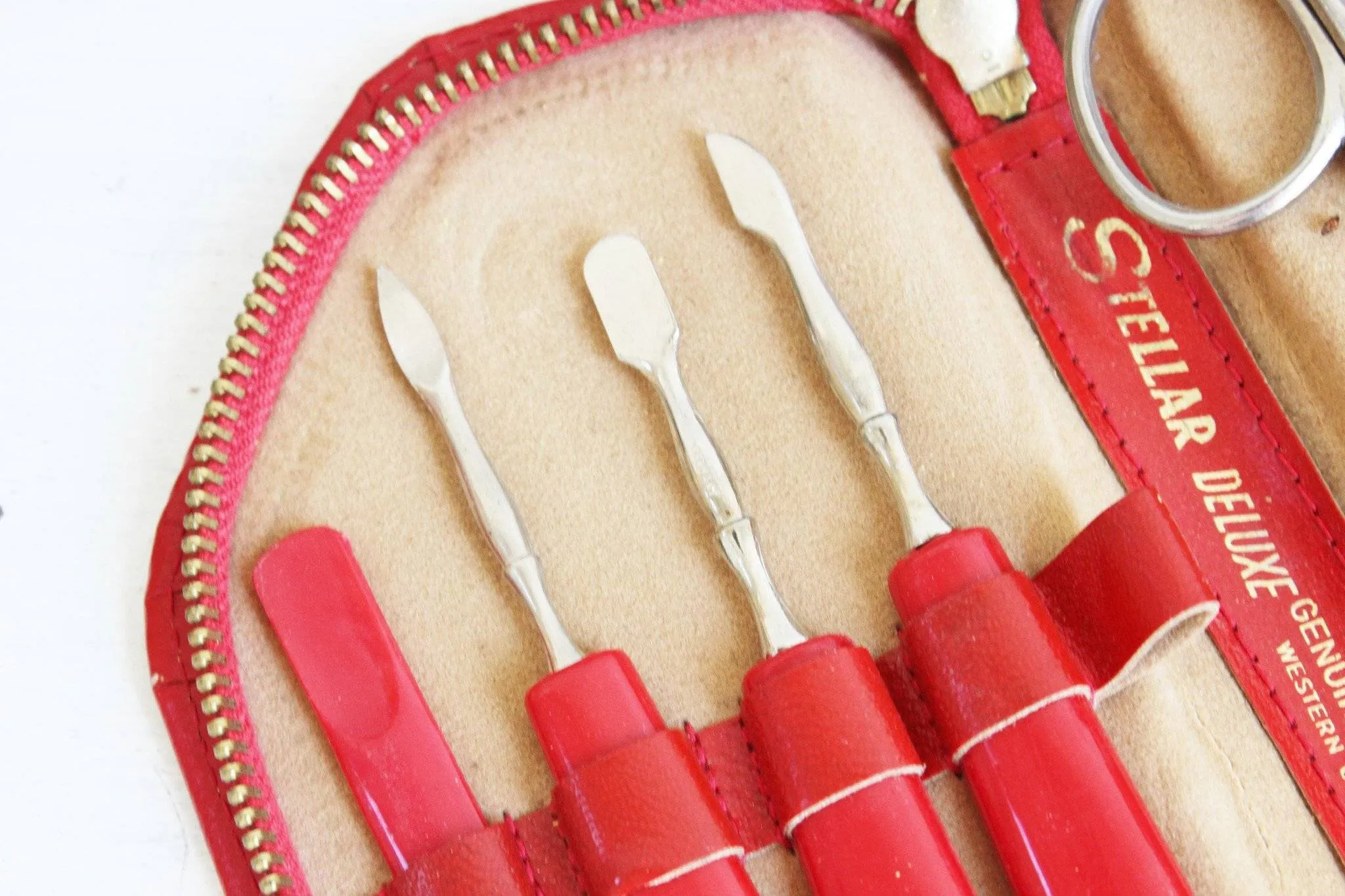 Vintage 1950s Red Leather Manicure Kit, Stellar Deluxe