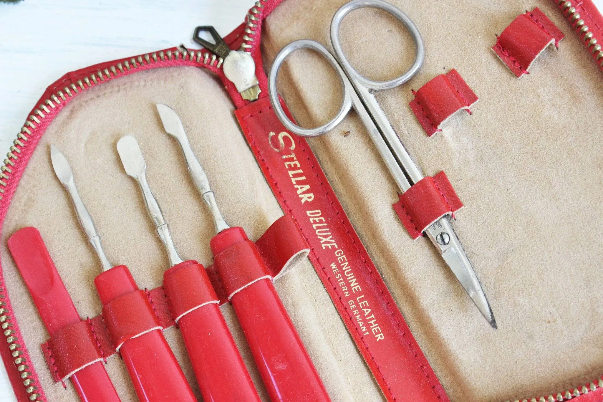 Vintage 1950s Red Leather Manicure Kit, Stellar Deluxe