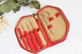 Vintage 1950s Red Leather Manicure Kit, Stellar Deluxe